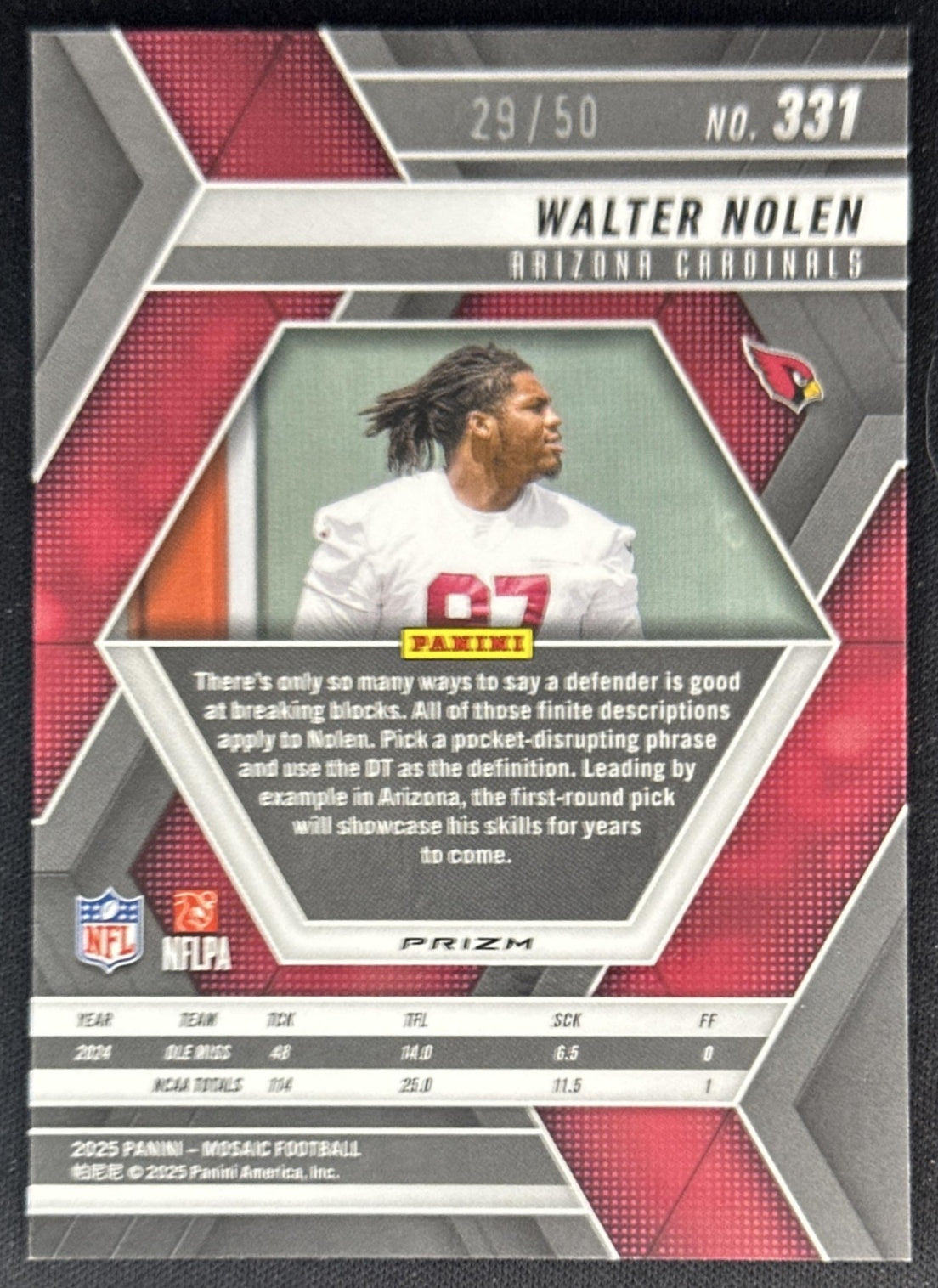 Walter Nolen 2025 Panini Mosaic Rookies No Huddle Purple Prizm /50 Cardinals Sports Trading Cards