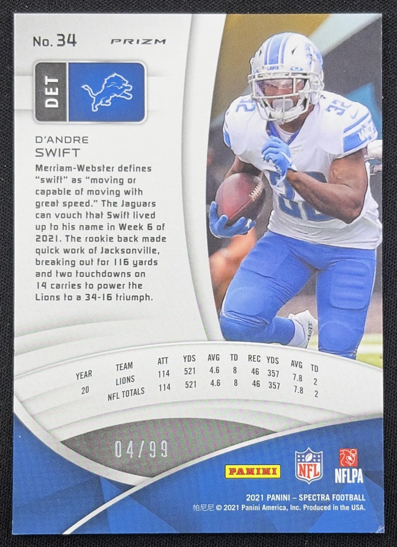 D'Andre Swift 2021 Panini Spectra Celestial /99 Lions Detroit Lions