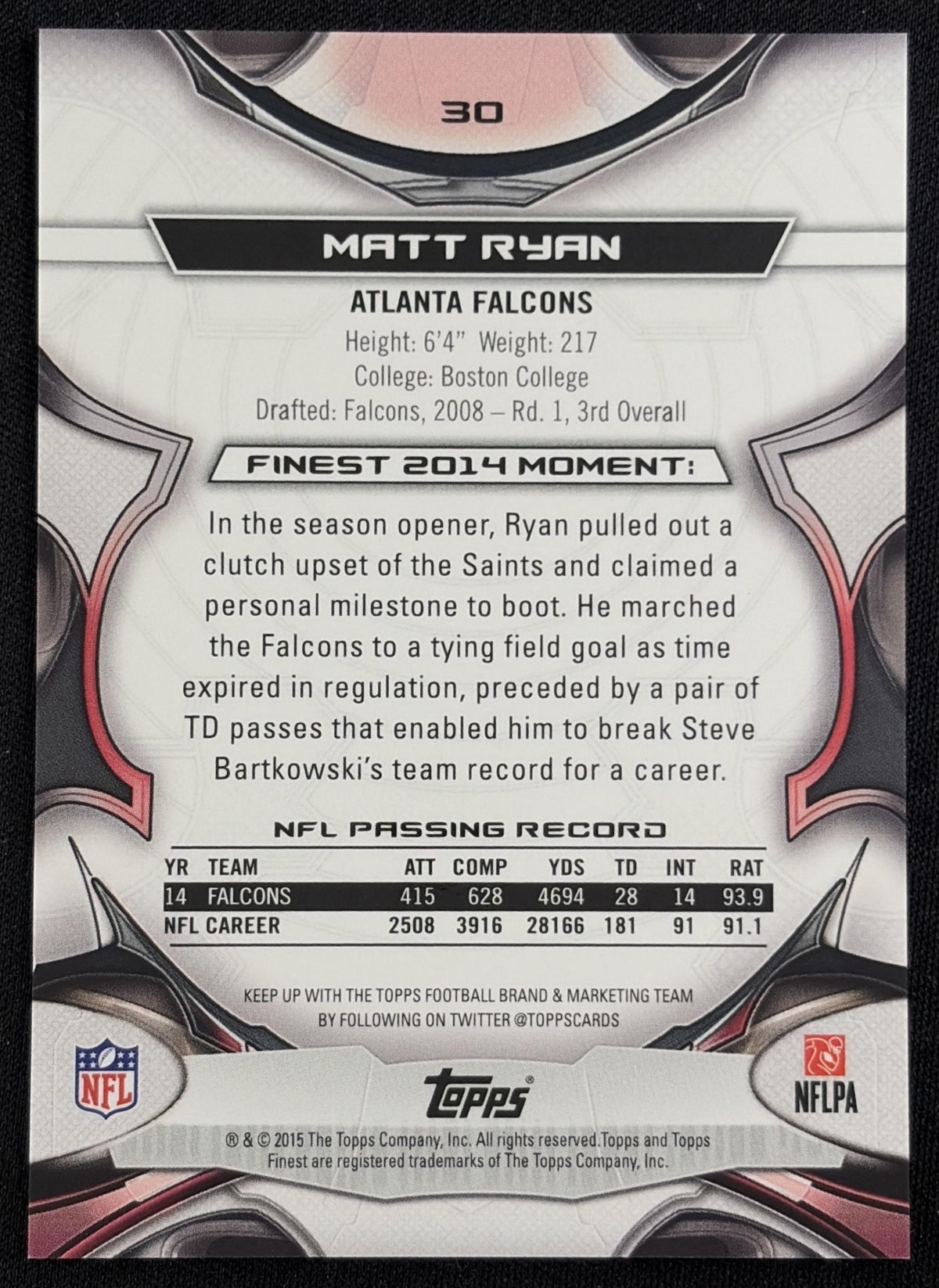 Matt Ryan 2015 Topps Finest Blue Refractor /250 Falcons