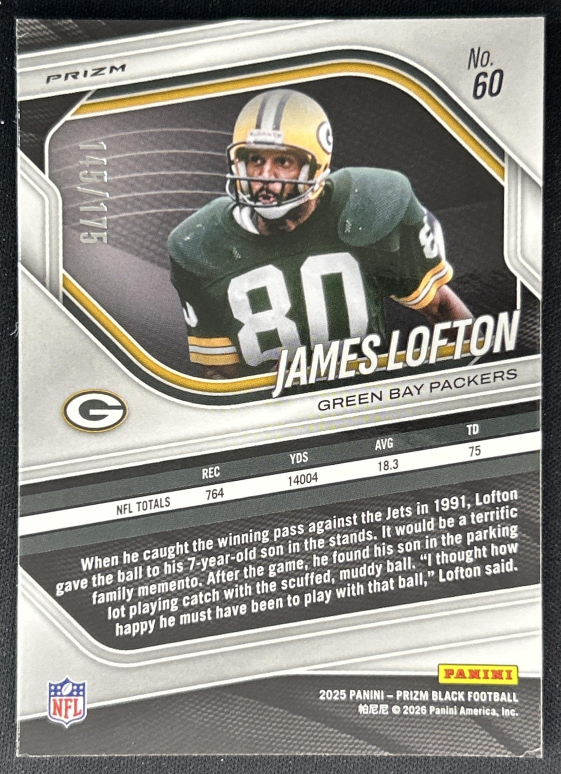 James Lofton 2025 Panini Prizm Black White /175 Packers