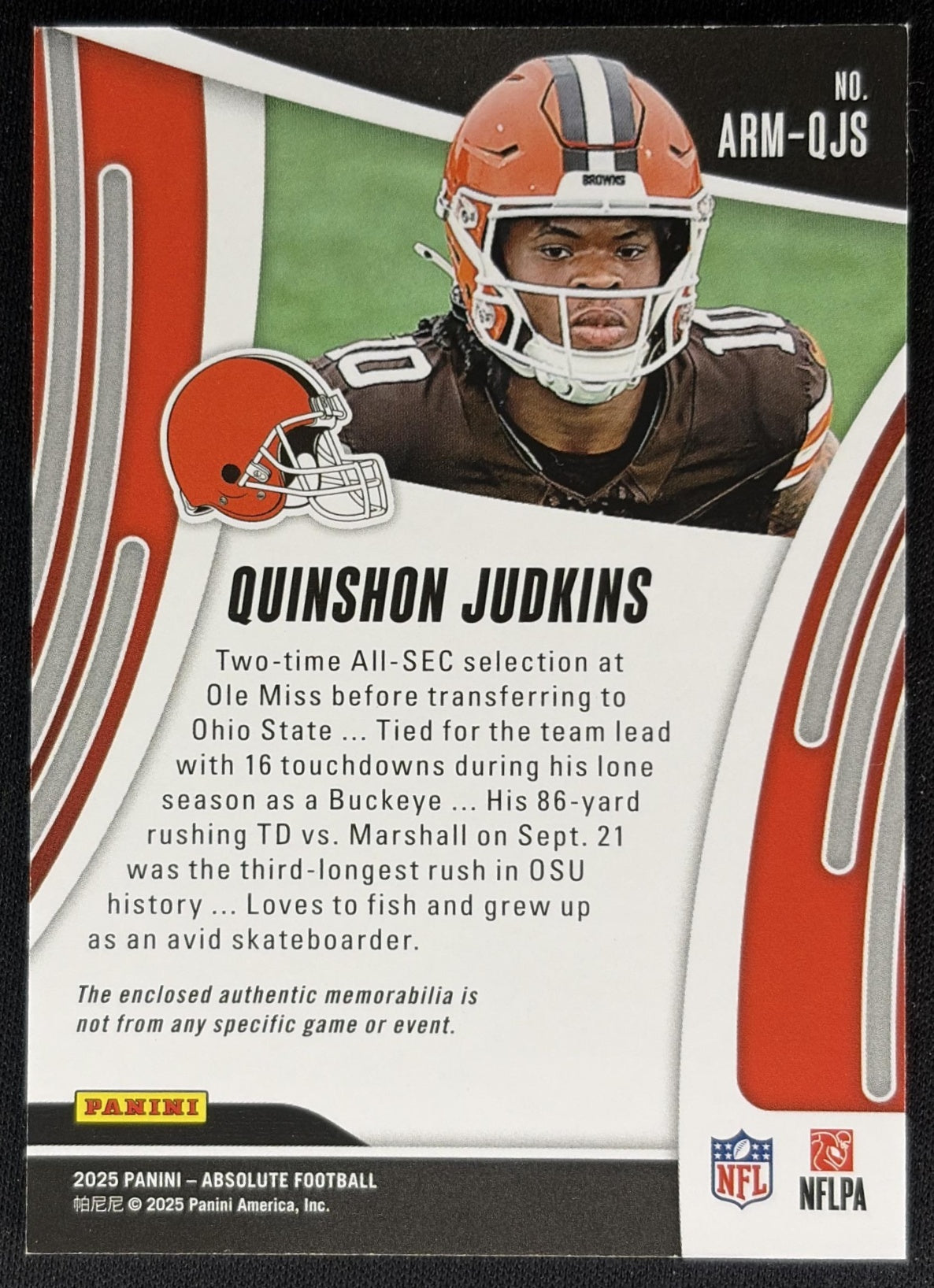 Quinshon Judkins 2025 Panini Absolute Rookie Materials Browns back