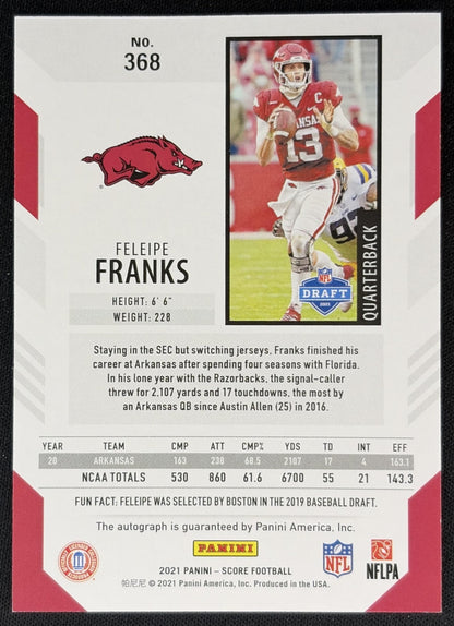 Feleipe Franks 2021 Panini Score Signatures Razorbacks Sports Trading Cards