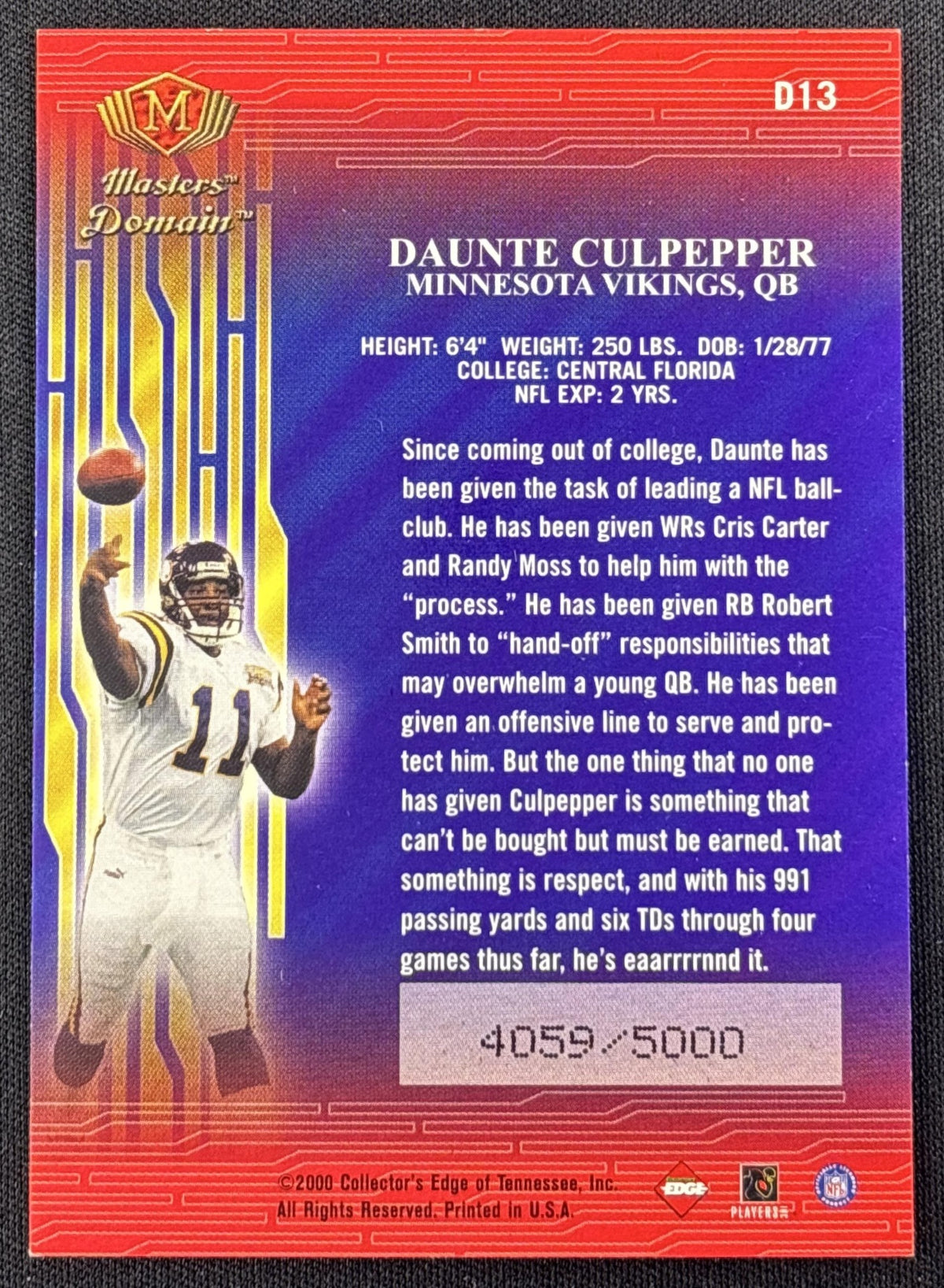 Daunte Culpepper 2000 Collector's Edge Masters Domain /5000 Vikings