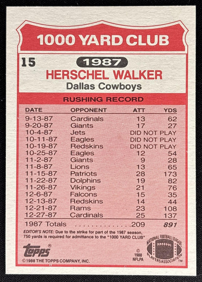 Herschel Walker 1988 Topps 1000 Yard Club Cowboys Sports Trading Card