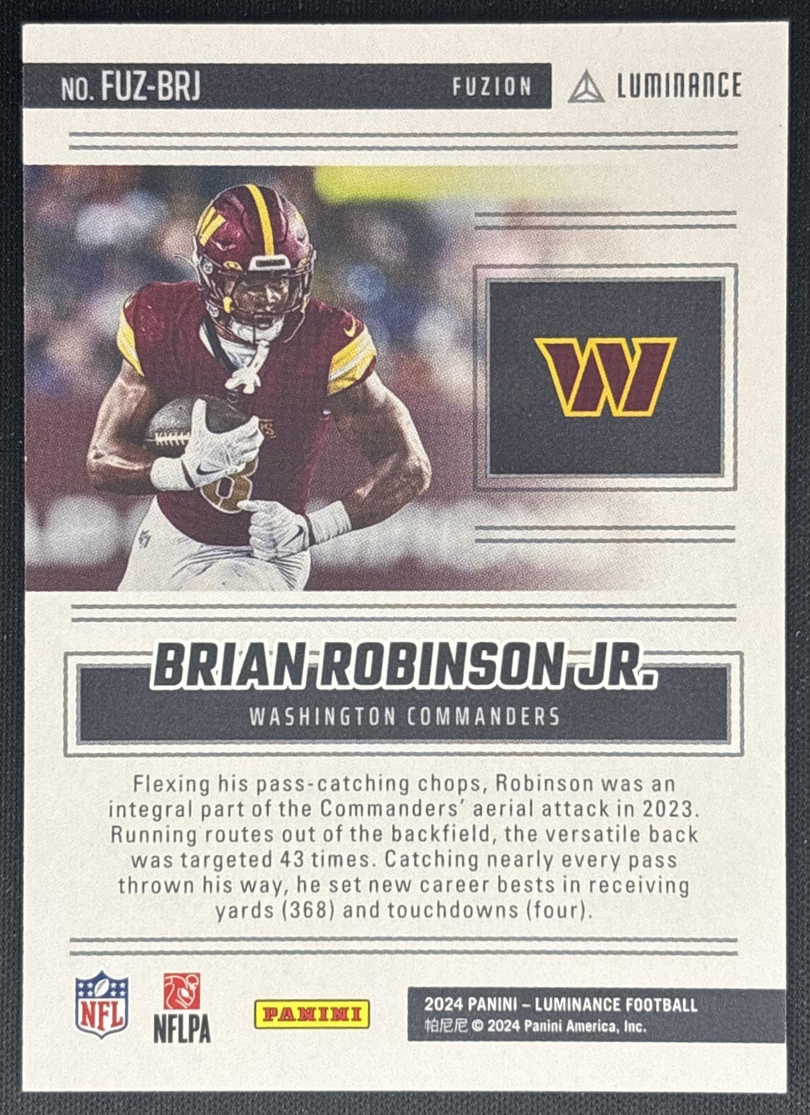 Brian Robinson Jr. 2024 Panini Luminance Fuzion Orange /100 Commanders back