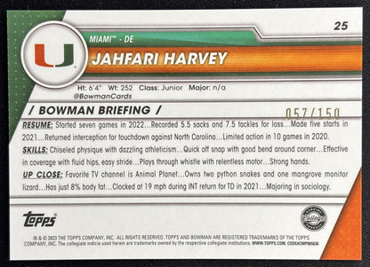 Jahfari Harvey 2023 University Chrome Fuschia Mini Diamond Refractor /150 Hurricanes back