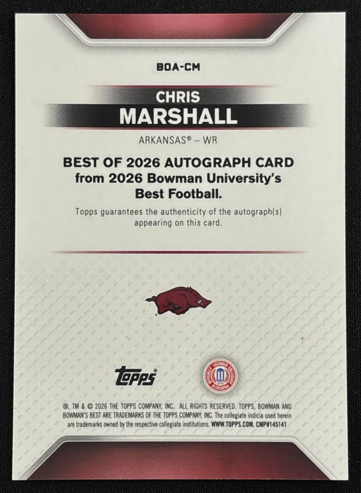 Chris Marshall 2026 Bowman U Best of 2026 Auto Pink Lava Refractor /175 Razorbacks back