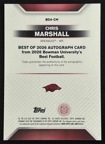 Chris Marshall 2026 Bowman U Best of 2026 Auto Pink Lava Refractor /175 Razorbacks back