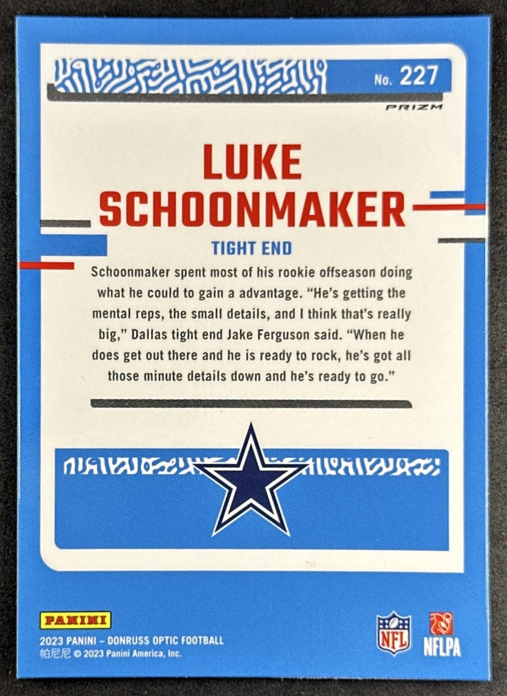 Luke Schoonmaker 2023 Panini Donruss Optic Green Velocity Prizm Cowboys Sports Trading Card