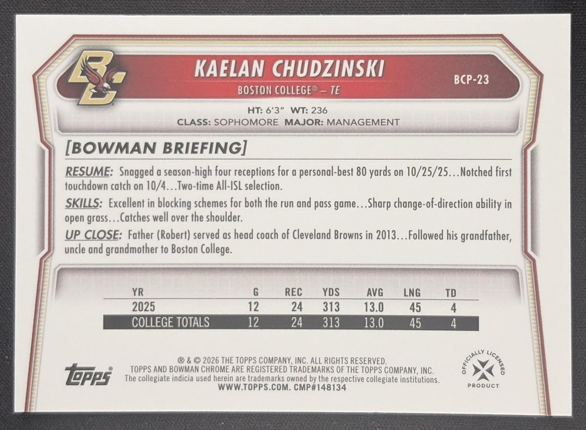 Kaelan Chudzinski 2026 Bowman Chrome Prospects Mojo Refractor Eagles