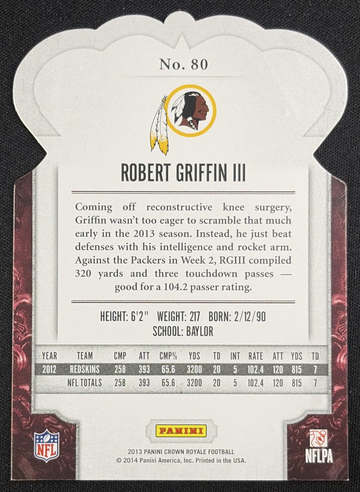 Robert Griffin III 2013 Panini Crown Royale Red Die Cut Crown/99 Washington Redskins