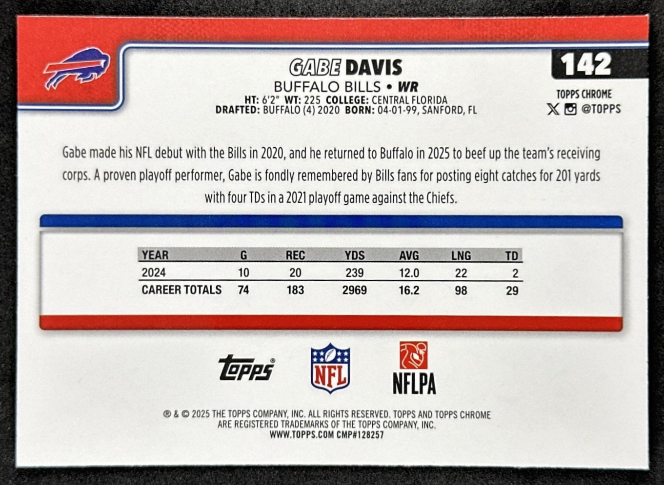 Gabe Davis 2025 Topps Chrome Football Leather Refractor Bills