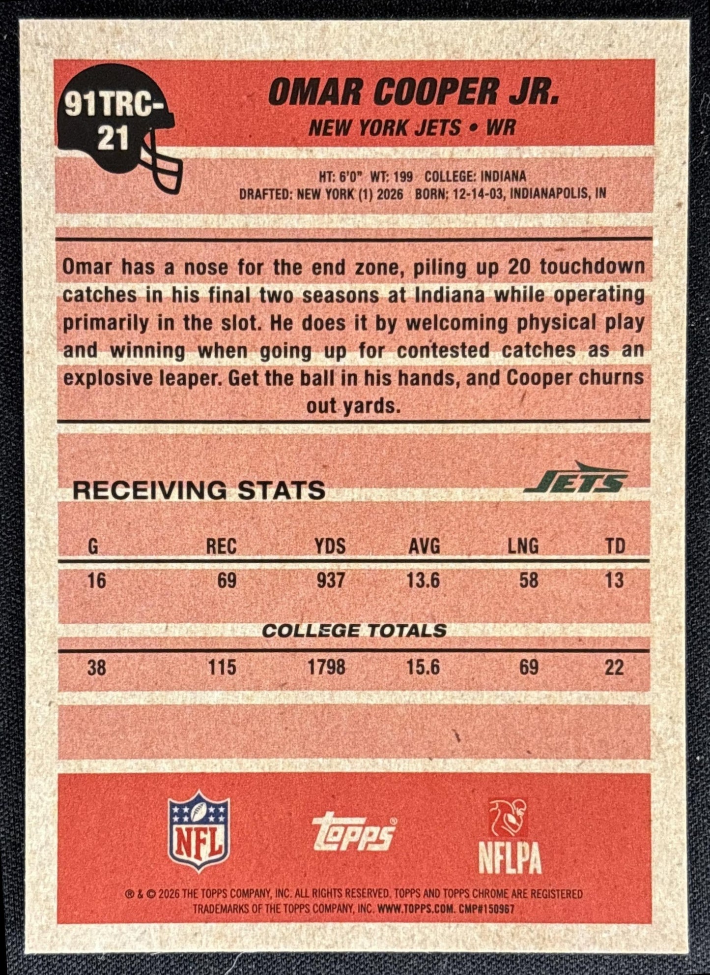 Omar Cooper Jr. 2026 Topps 1991 Chrome Rookie Mojo Refractor Jets