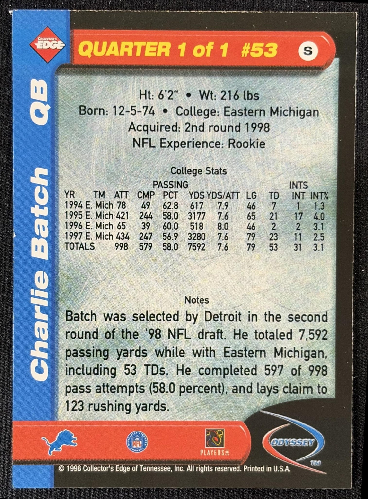 Charlie Batch 1998 Collector's Edge Odyssey Lions