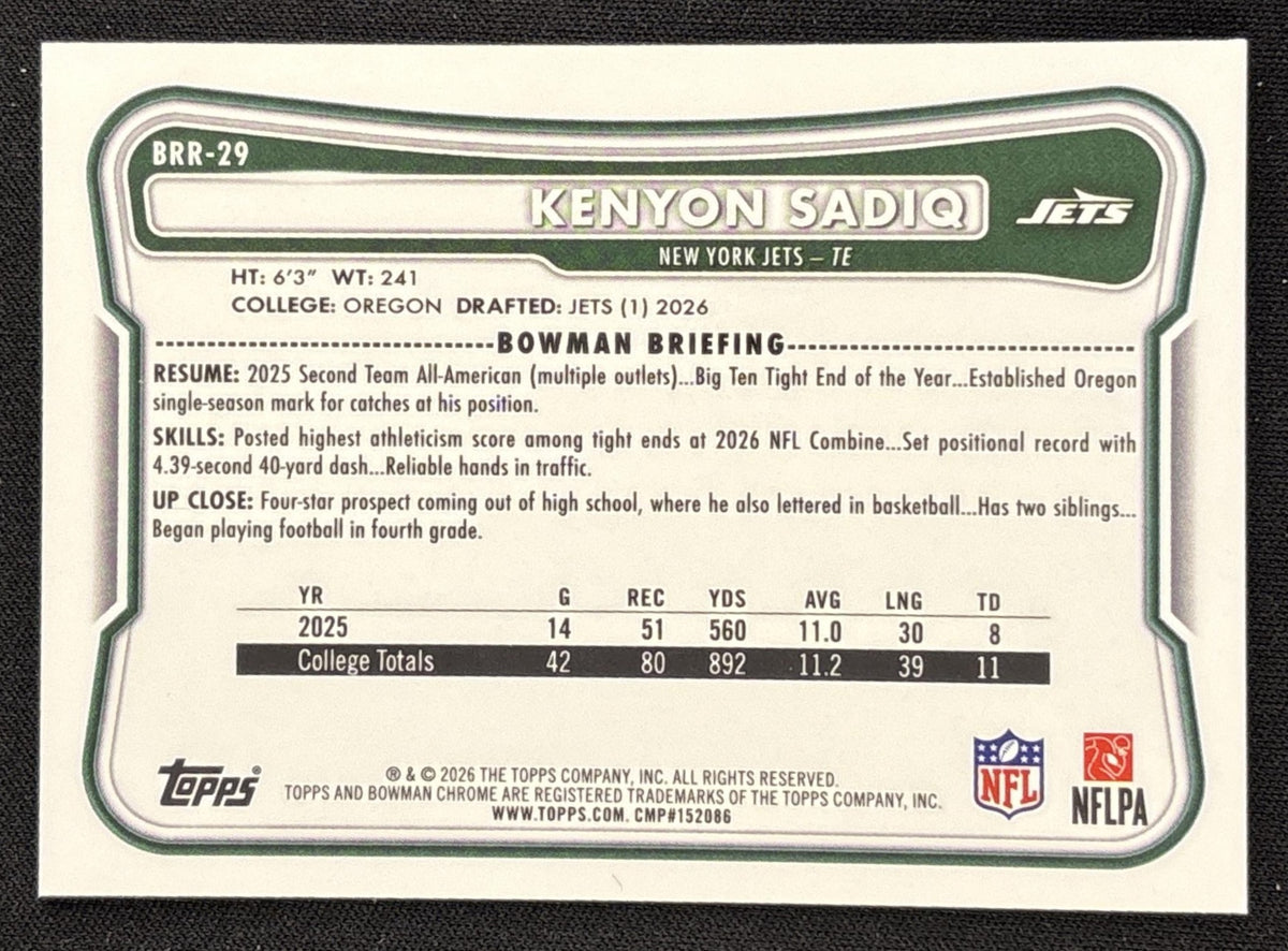 Kenyon Sadiq 2026 Bowman Chrome Red RC Variation Jets Rookie Sports Trading Card
