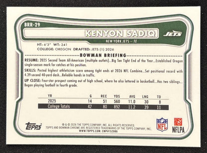 Kenyon Sadiq 2026 Bowman Chrome Red RC Variation Jets Rookie Sports Trading Card