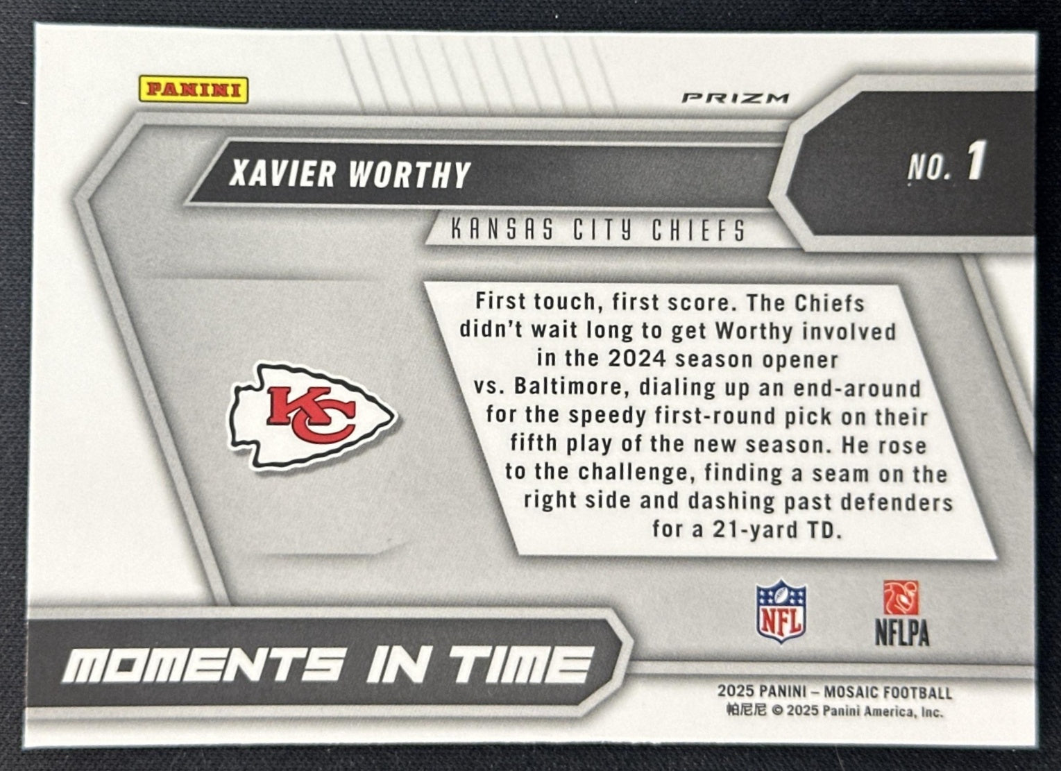 Xavier Worthy 2025 Panini Mosaic Moments in Time No Huddle Silver Prizm Chiefs Sports Trading Cards