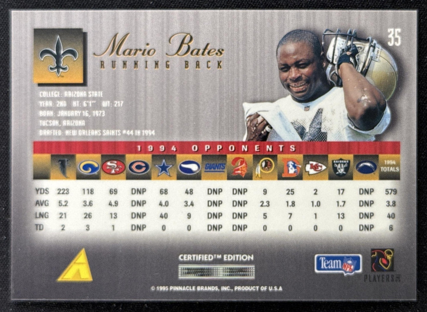 Mario Bates 1995 Pinnacle Select Certified Saints Sports Trading Card