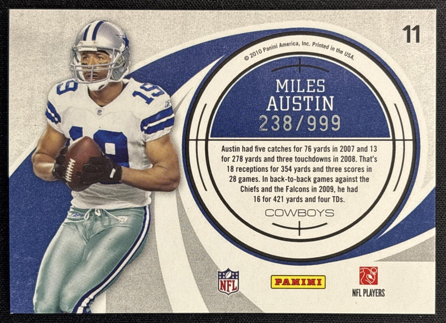 Miles Austin 2010 Panini Donruss Elite Prime Targets Gold /999 Cowboys back
