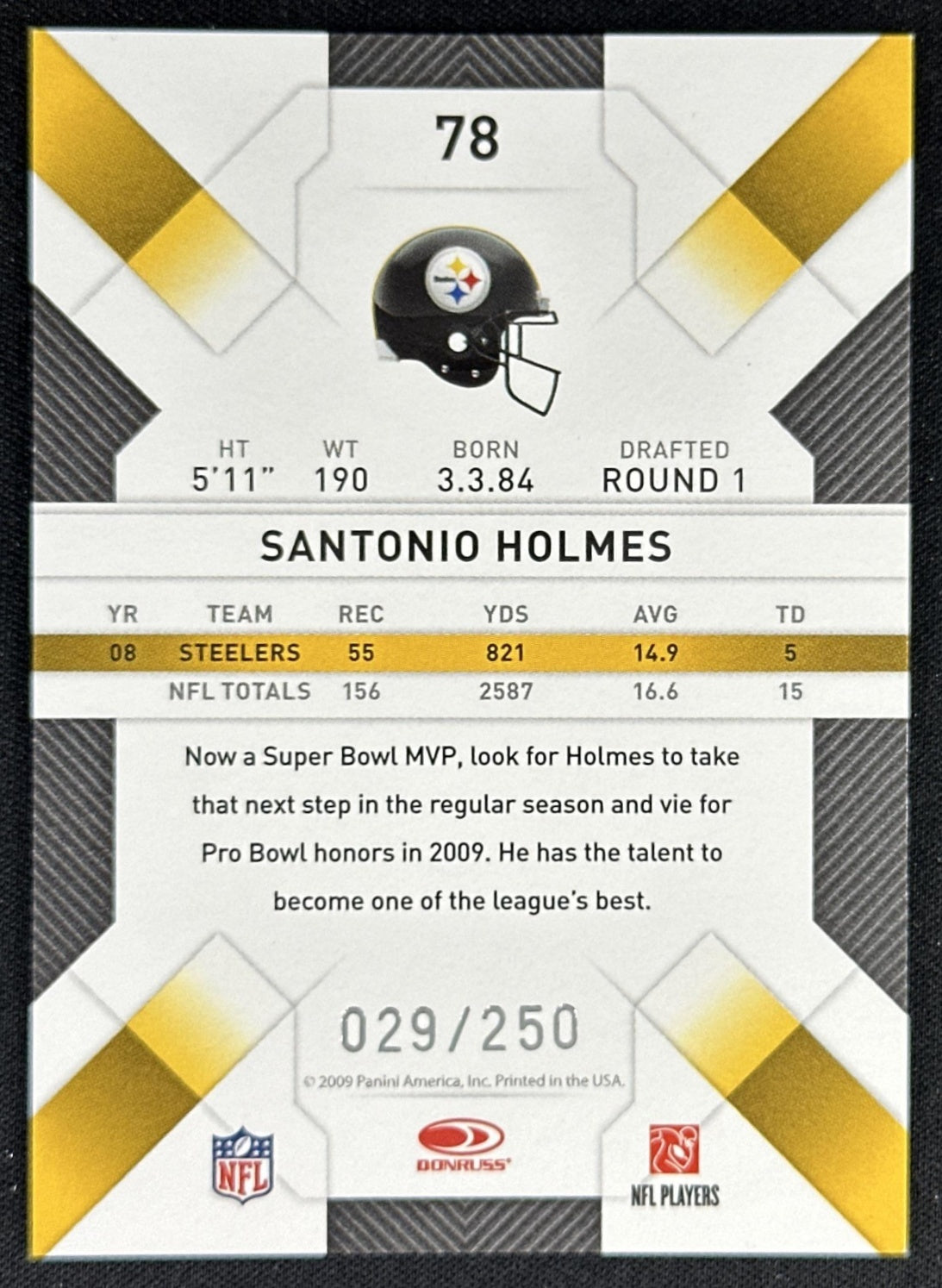 Santonio Holmes 2009 Panini Donruss Threads Silver Holofoil /250 Steelers