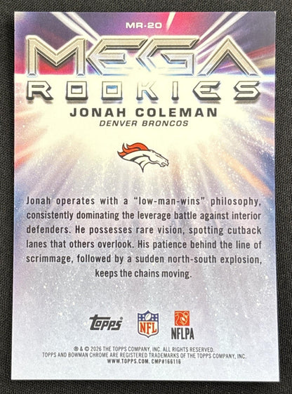 Jonah Coleman 2026 Bowman Chrome Mega Rookies Black Mojo Refractor /10 Broncos