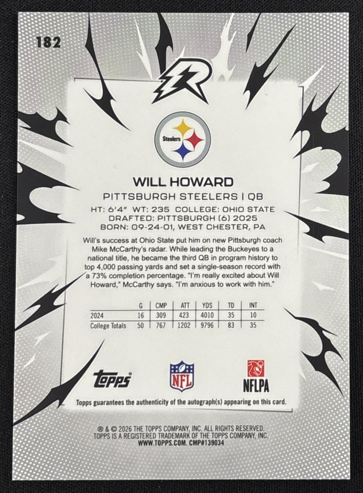 Will Howard 2025 Topps Resurgence Rookie Signatures Black and White Refractor /375 Steelers Sports Trading Card
