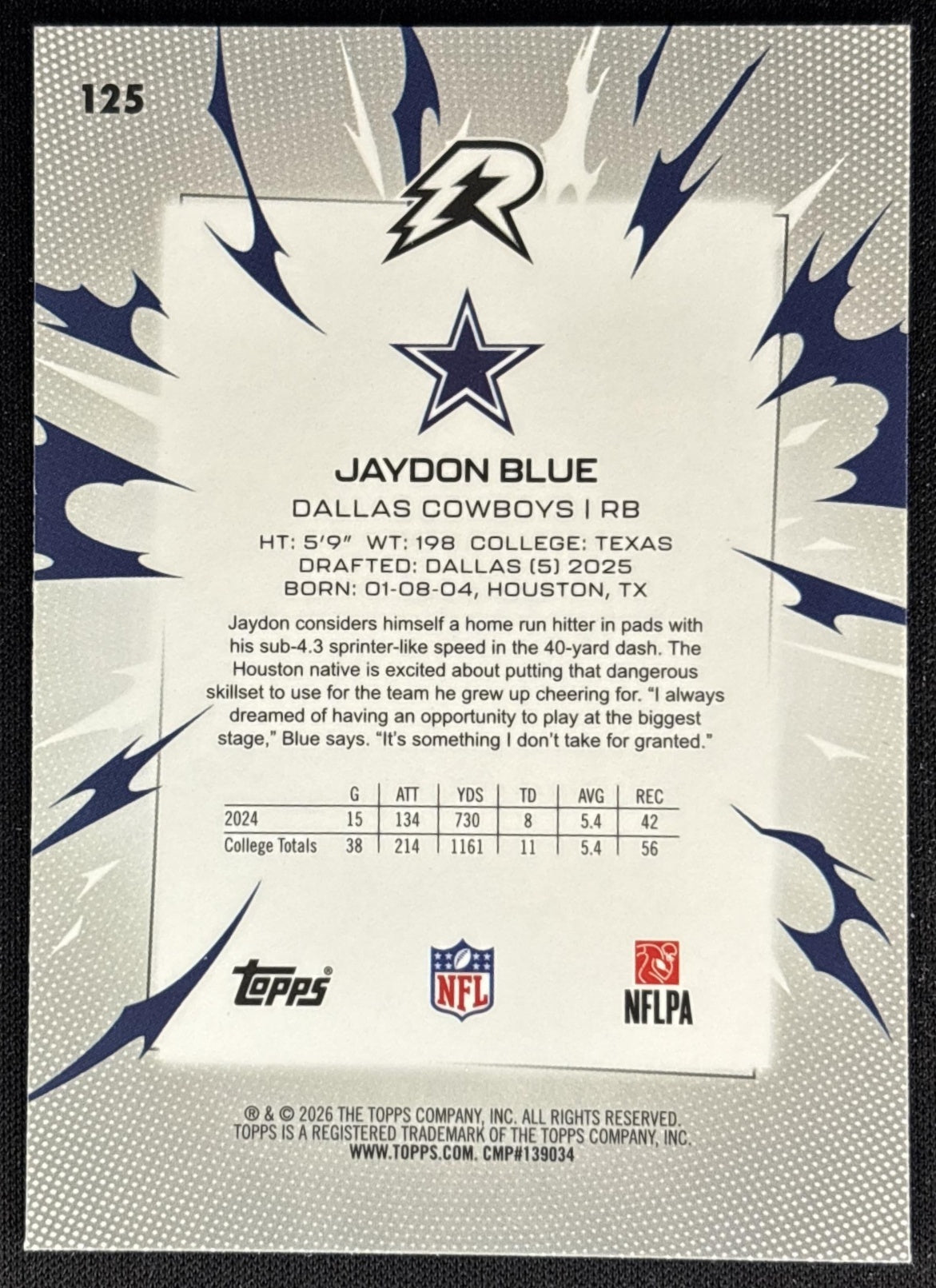Jaydon Blue 2025 Topps Resurgence Sky and Pink Shock Refractor Cowboys back