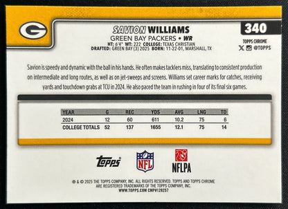 Savion Williams 2025 Topps Chrome Rookie Packers Sports Trading Cards
