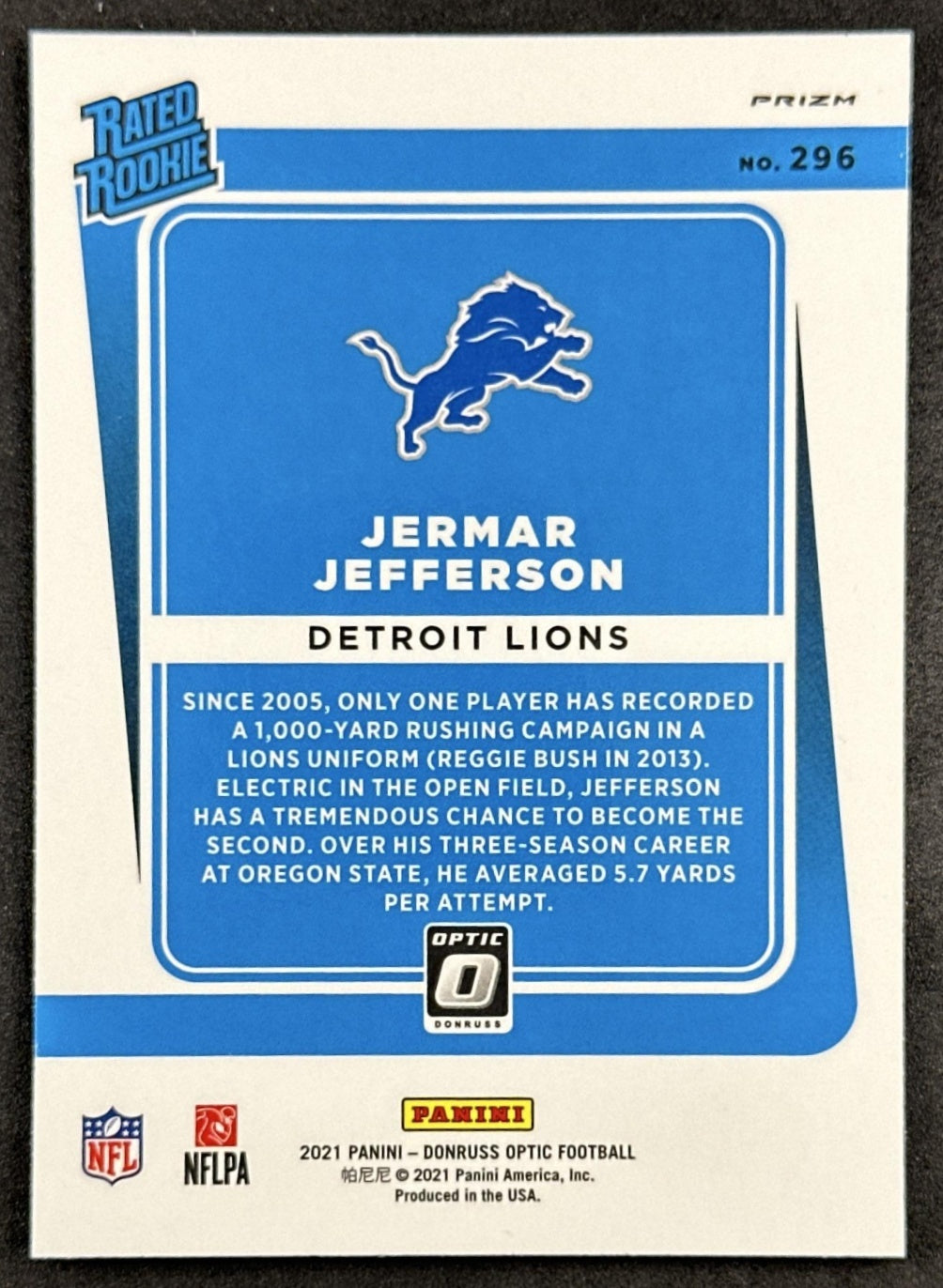 Jermar Jefferson 2021 Panini Donruss Optic Bronze Lions Back