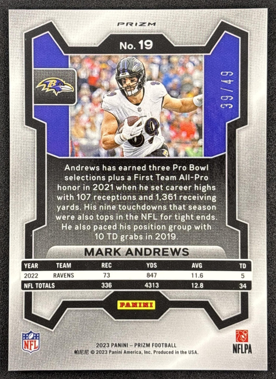 Mark Andrews 2022 Panini Prizm Purple Power /49 Ravens Baltimore Ravens