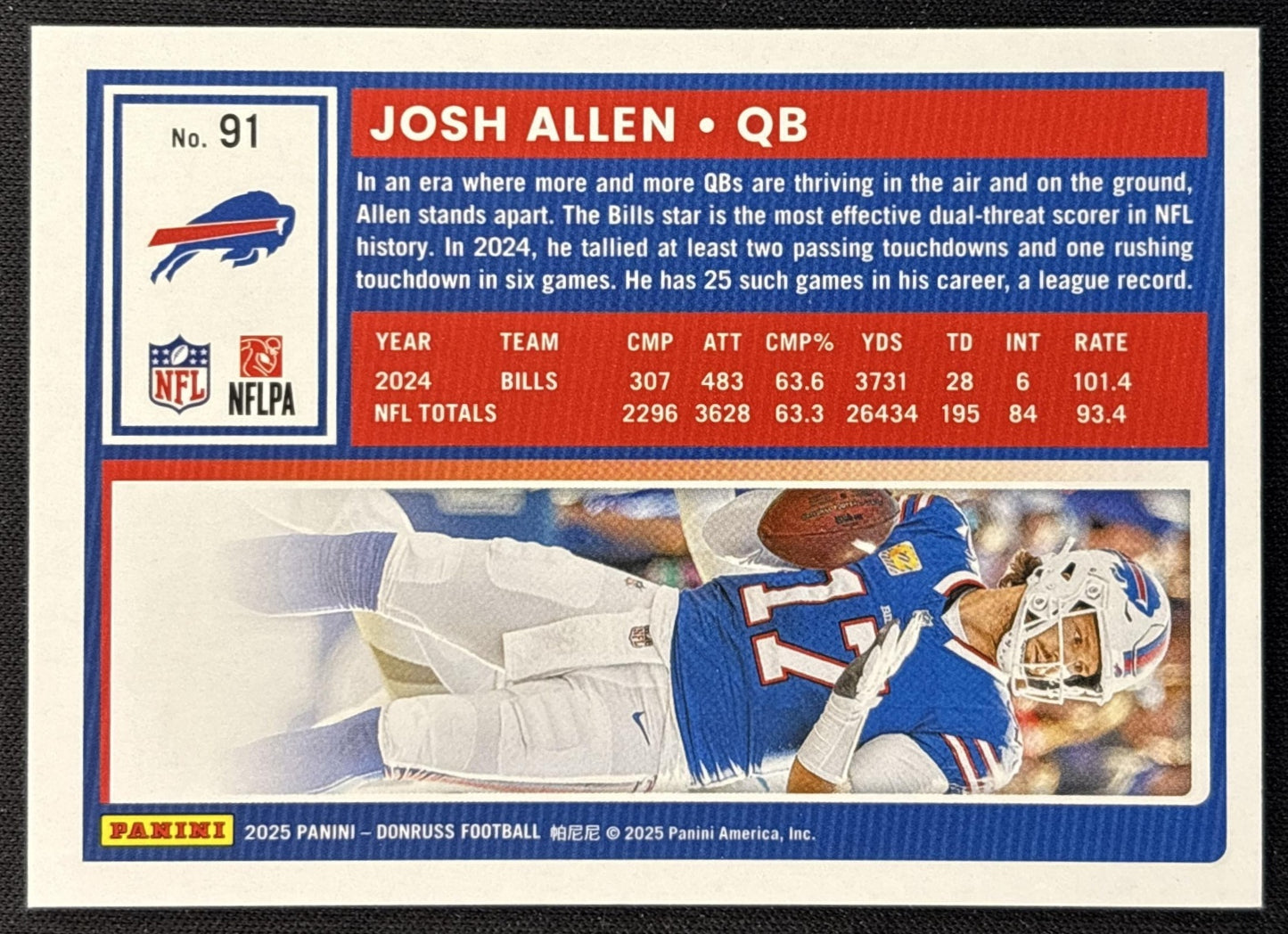 Josh Allen 2025 Panini Donruss Press Proof Blue Bills back