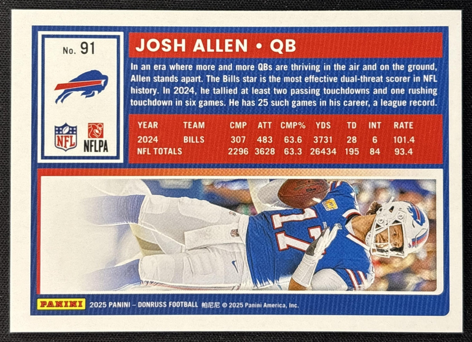 Josh Allen 2025 Panini Donruss Press Proof Blue Bills back