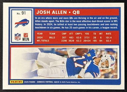 Josh Allen 2025 Panini Donruss Press Proof Blue Bills back