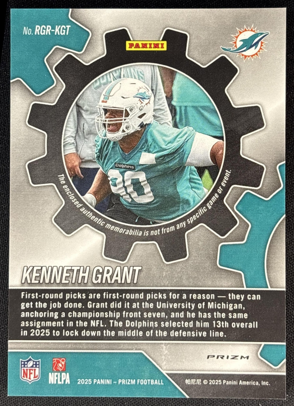 Kenneth Grant 2025 Panini Prizm Rookie Gear Neon Green Pulsar Dolphins