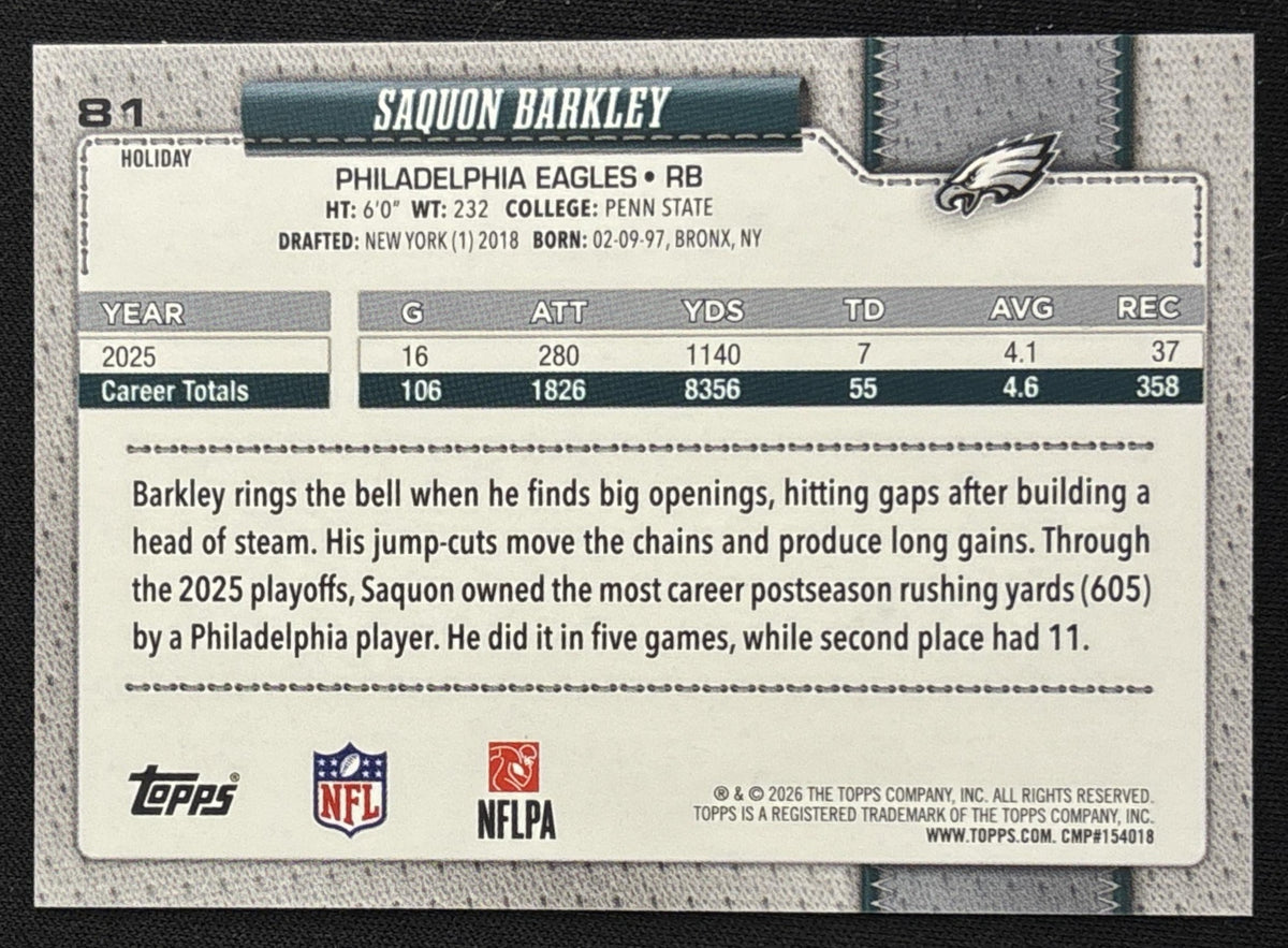 Saquon Barkley 2026 Topps Holiday Blue Metallic Glitter Eagles - Back