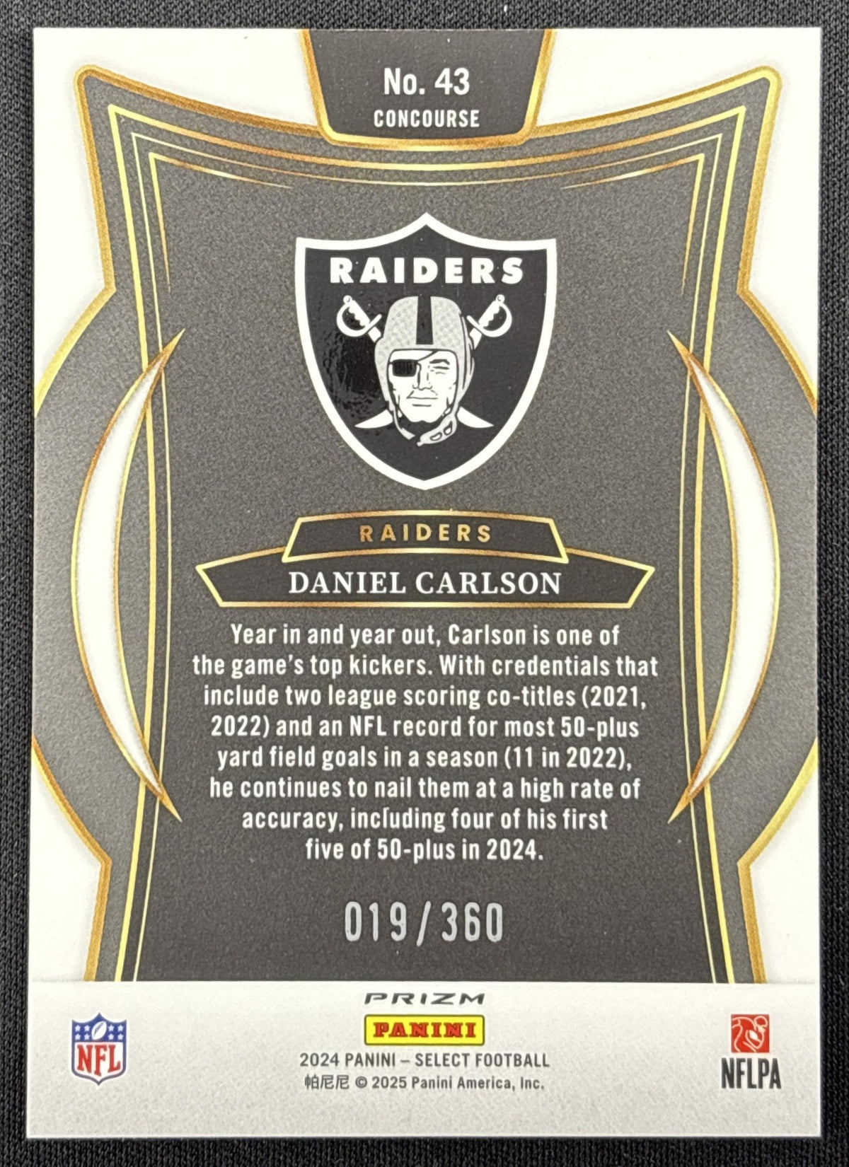 Daniel Carlson 2024 Panini Select Concourse Purple Prizm Shock /360 Raiders