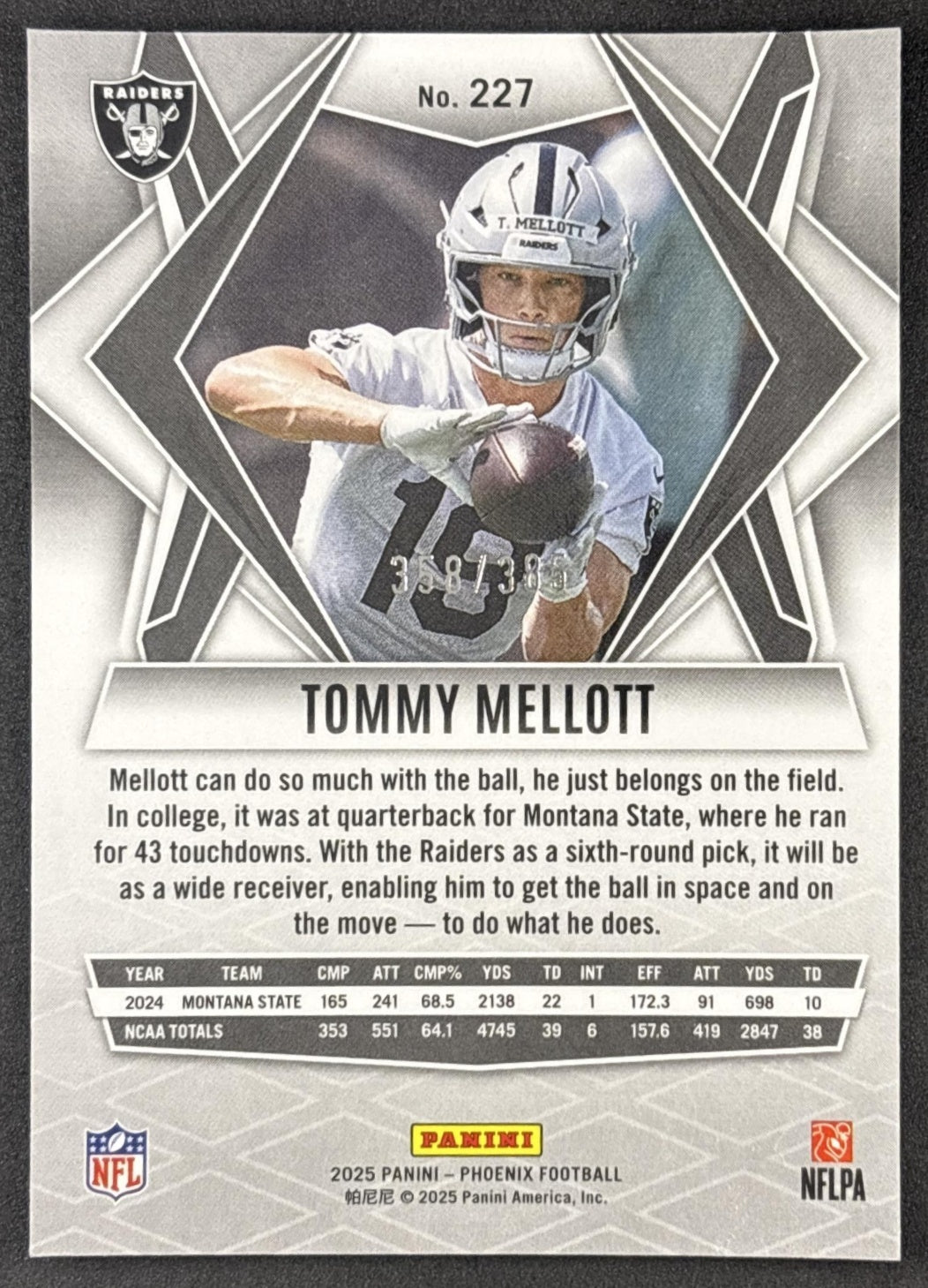 Tommy Mellott 2025 Panini Phoenix Light Blue Pyramids Prizm /385 Raiders