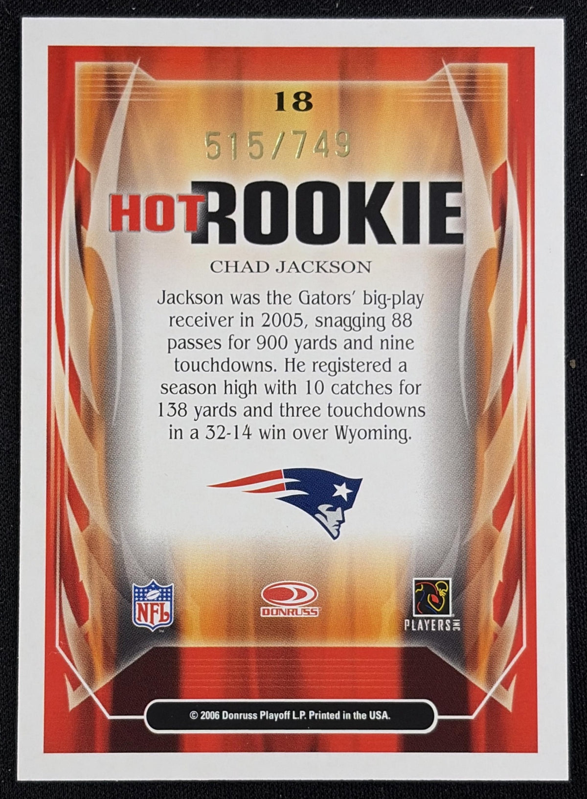 Chad Jackson 2006 Score Select Hot Rookies /749 Patriots - Back