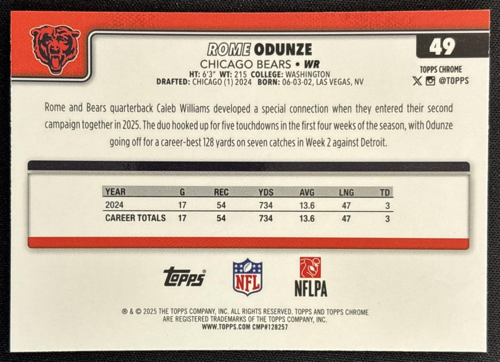 Rome Odunze 2025 Topps Chrome Football Leather Refractor Bears back