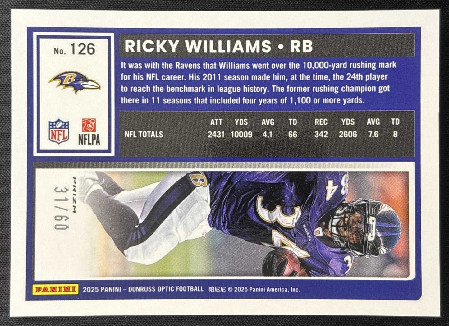Ricky Williams 2025 Panini Donruss Optic Purple Prizm /60 Ravens Sports Trading Cards