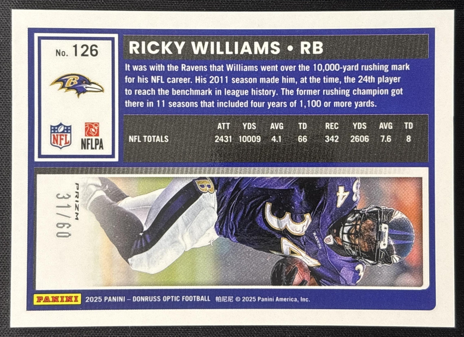 Ricky Williams 2025 Panini Donruss Optic Purple Prizm /60 Ravens Sports Trading Cards