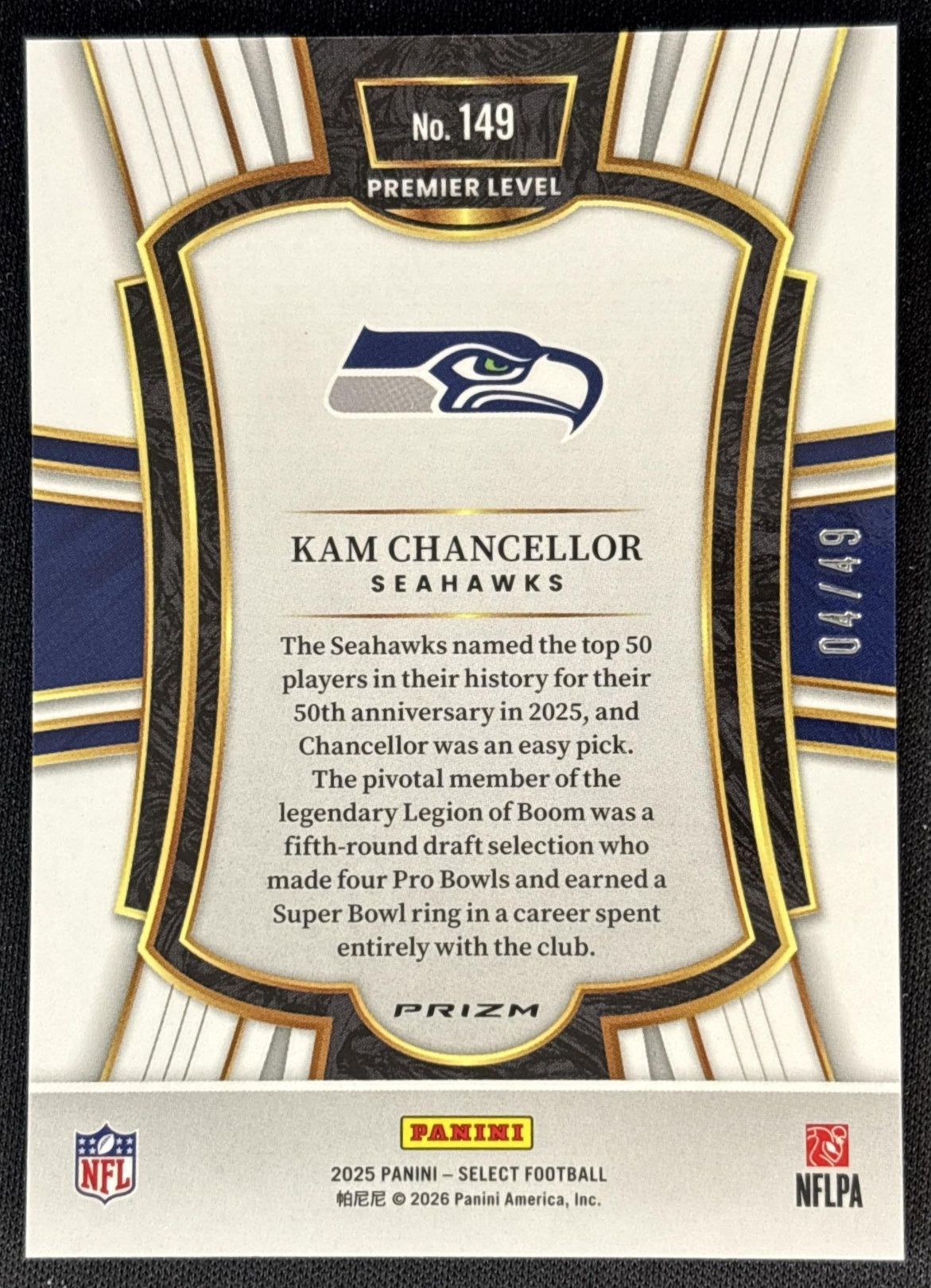 Kam Chancellor 2025 Panini Select Premier Level Red Disco Prizm /49 Seahawks Sports Trading Card