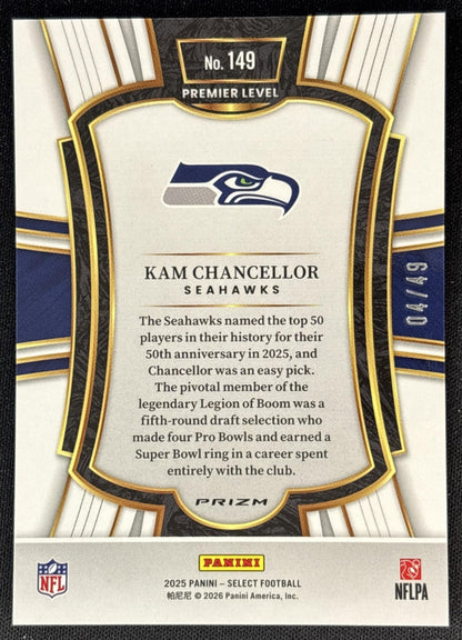 Kam Chancellor 2025 Panini Select Premier Level Red Disco Prizm /49 Seahawks Sports Trading Card