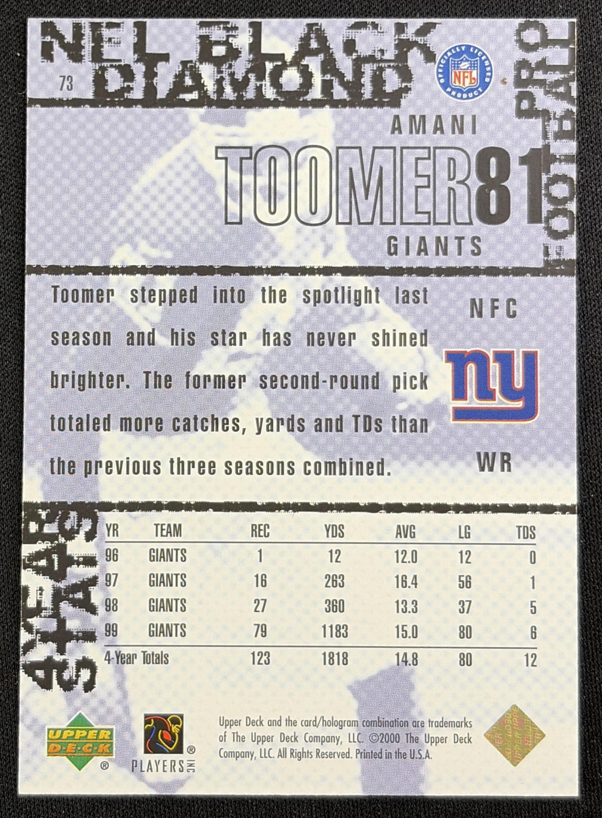Amani Toomer 2000 Upper Deck Black Diamond Gold /1000 Giants Sports Trading Card
