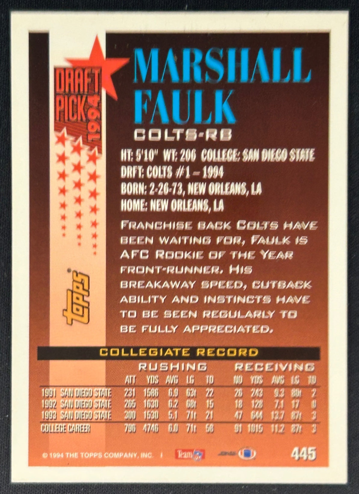 Marshall Faulk 1994 Draft Picks Colts Sports Trading Cards