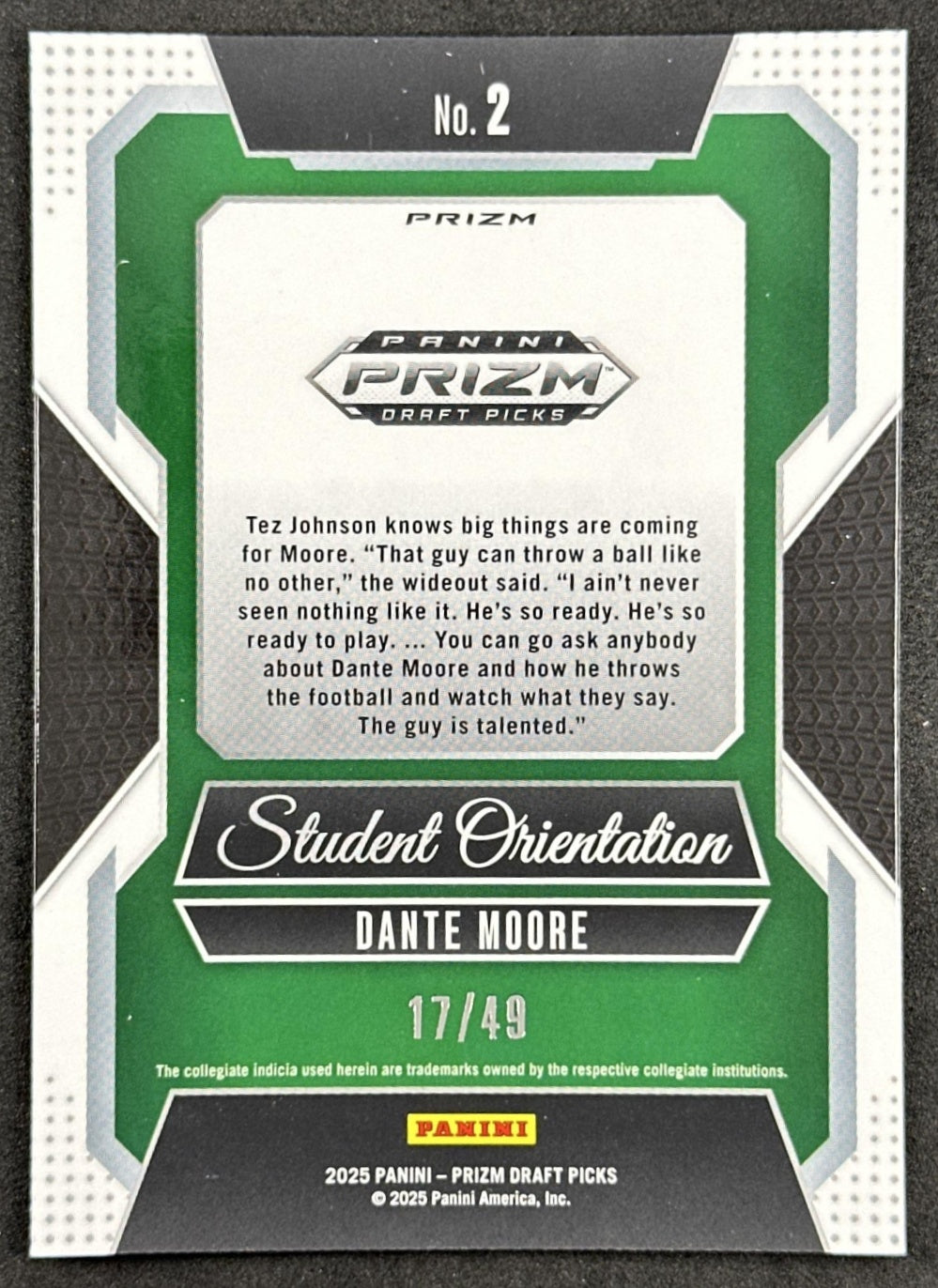 Dante Moore 2025 Prizm Draft Picks Student Orientation Green Pulsar /49 Oregon Ducks