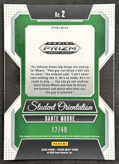 Dante Moore 2025 Prizm Draft Picks Student Orientation Green Pulsar /49 Oregon Ducks
