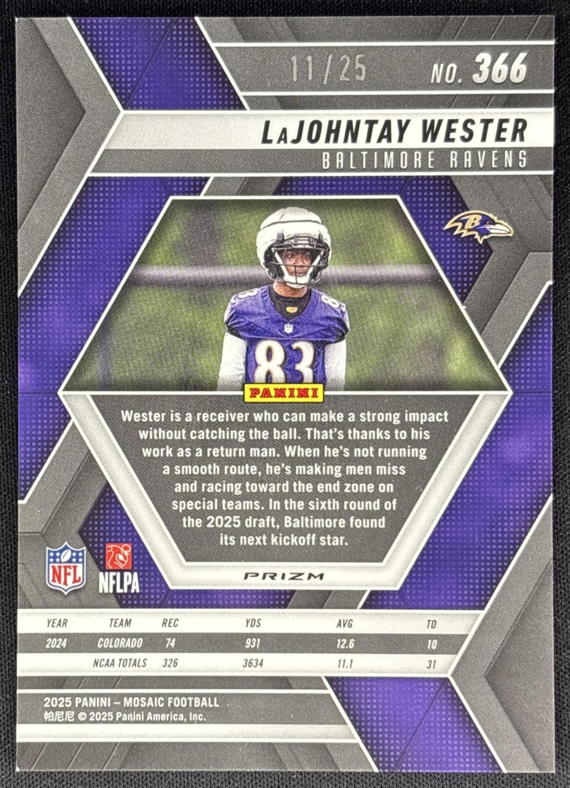 LaJohntay Wester 2025 Panini Mosaic Rookies Orange Fluorescent Prizm /25 Ravens Sports Trading Cards