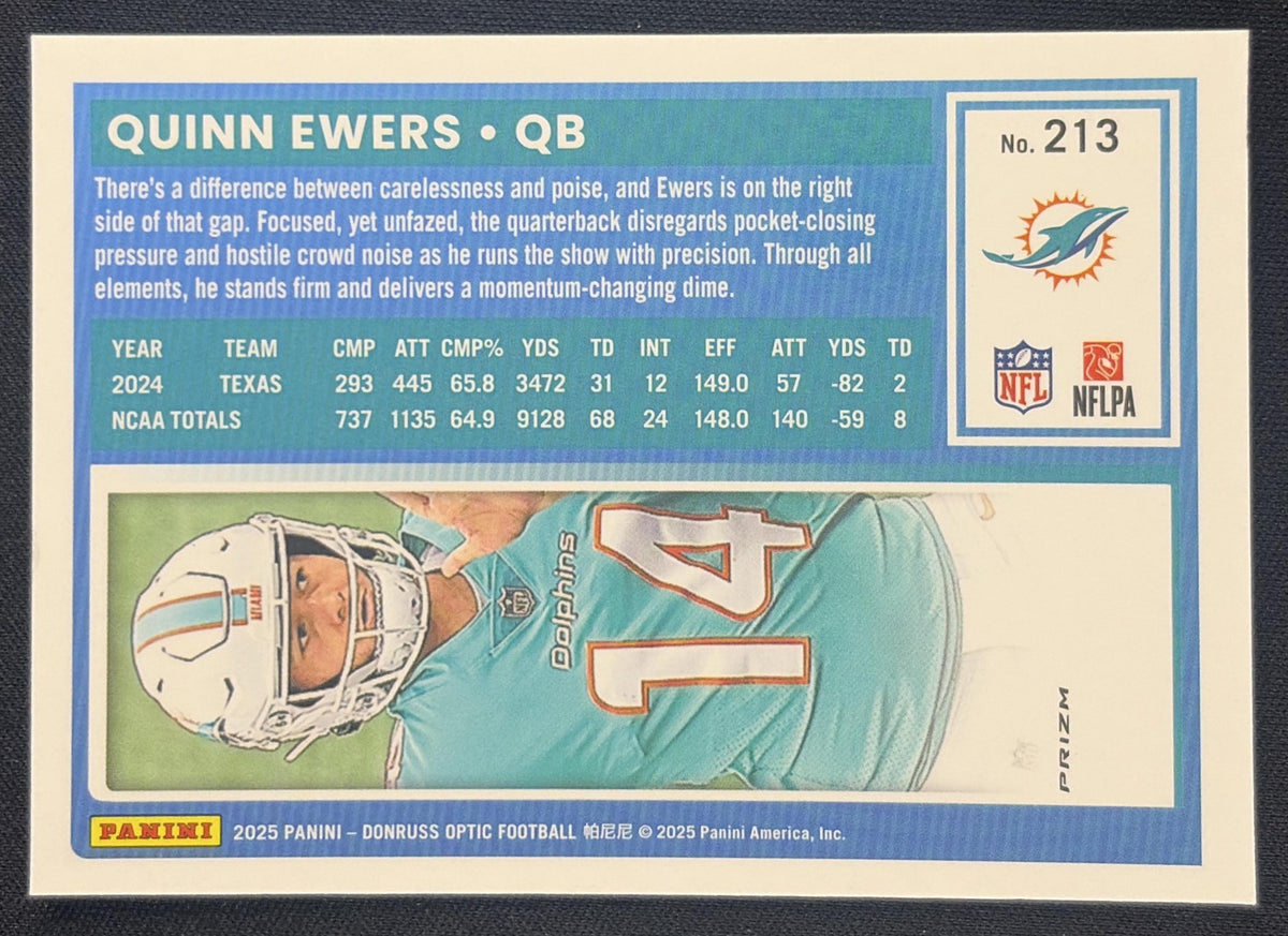 Quinn Ewers 2025 Panini Donruss Optic Rated Rookie Purple Shock Prizm Dolphins Miami Dolphins Sports Trading Card