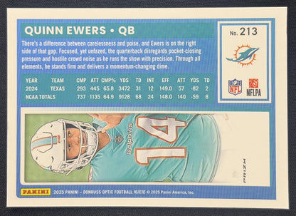 Quinn Ewers 2025 Panini Donruss Optic Rated Rookie Purple Shock Prizm Dolphins Miami Dolphins Sports Trading Card